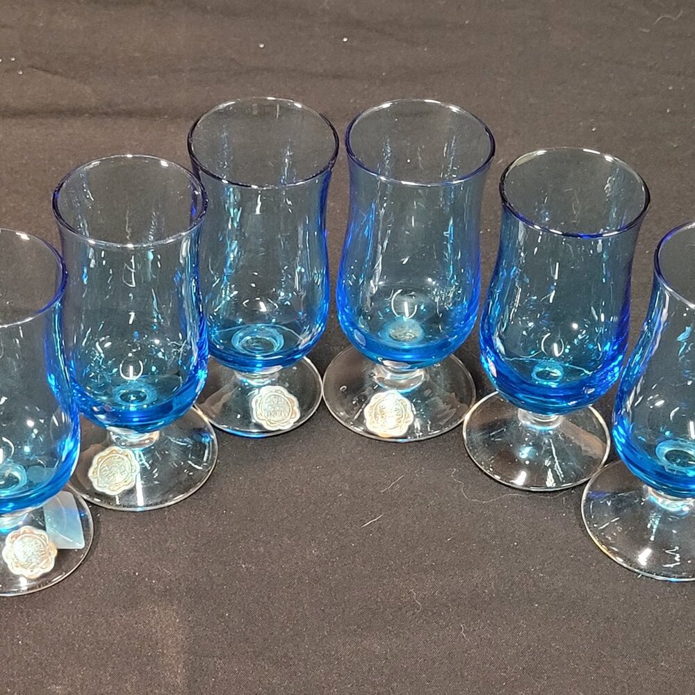 Six (6) Italian Blue Cordial/Shot/Apertif Glasses - 3 1/2"
